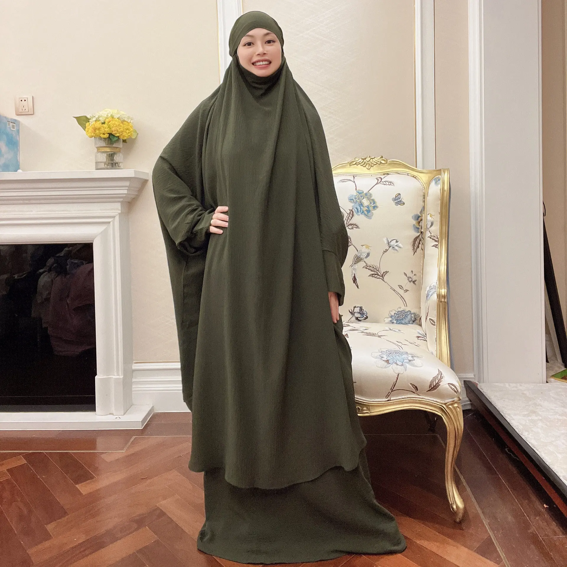 

Eid Muslim Hooded Full Cover Prayer Garment Women Long Khimar Jilbab Abaya +Inner Dress 2 Piece Sets Islam Clothes Robe Niqab