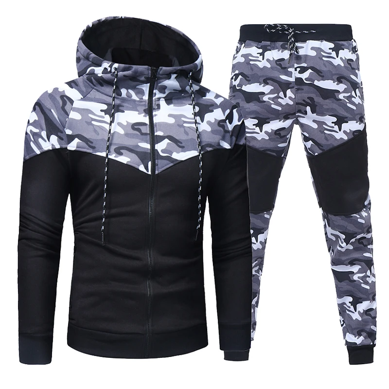 

Men Causal Camouflage Patchwork Sets Camo Zipper Jacket+Pants 2PC Tracksuit Sportwear Hoodies Sweatshirt Pant Suit Plus Size