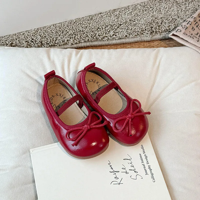 Girls Leather Shoes Soft Sole Bow Anti Slip