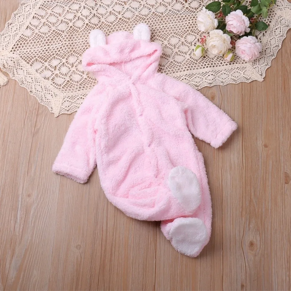 Cute Warm Baby Jumpsuits Hooded Long Sleeve Infant Rompers 3-6 Months Newborn Onesie Autumn Winter