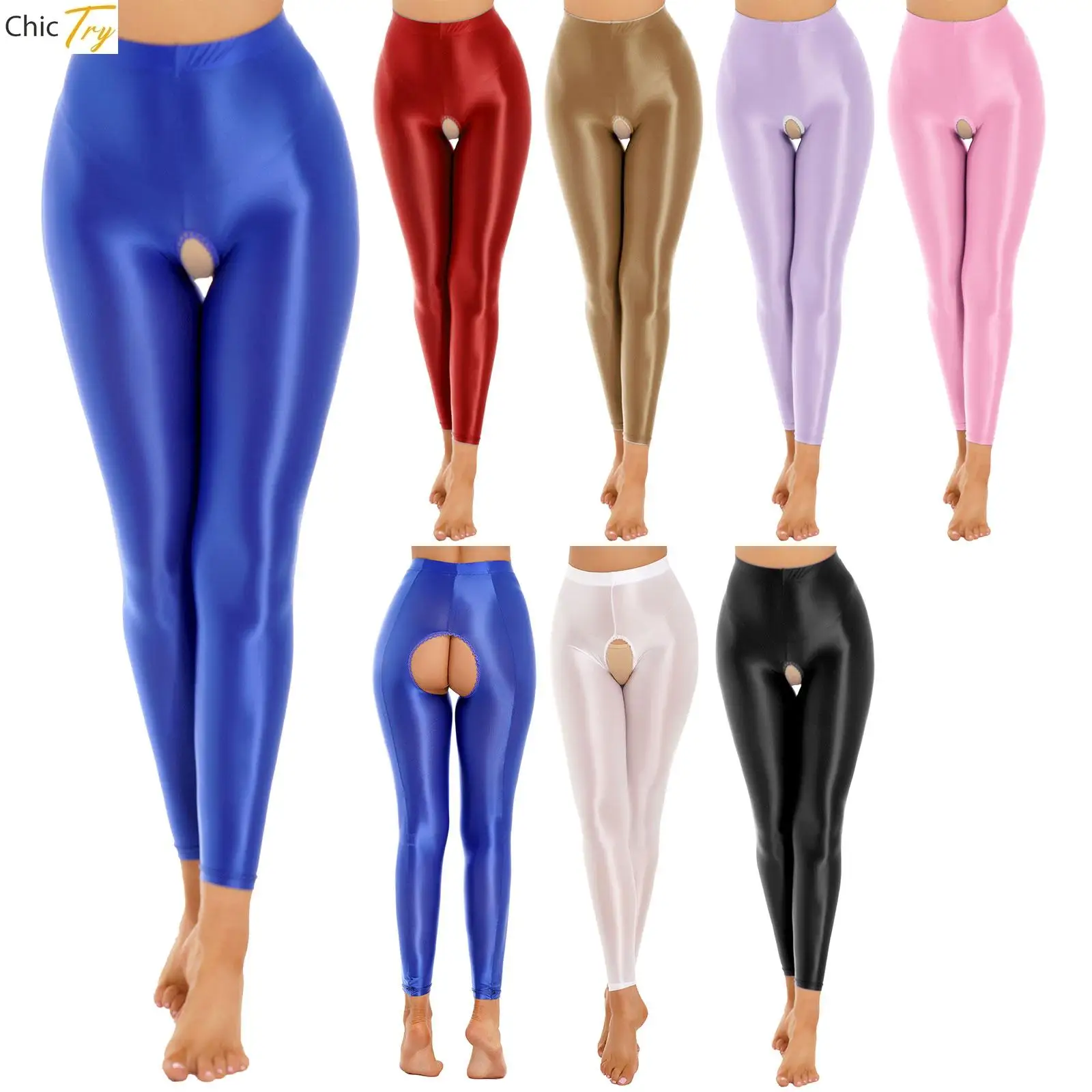 Women Leggings Women's Shiny Oily Glossy Crotchless Leggings Pantyhose Sexy Skinny High Waist Open Crotch Tights Hot Pants Nightwear Clubwear