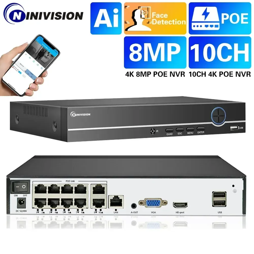 

10CH 8MP/5MP/4MP/1080P Face PoE NVR CCTV VIdeo Security Surveillance System For PoE IP Camera Video Recorder Audio Input 8CH 4K