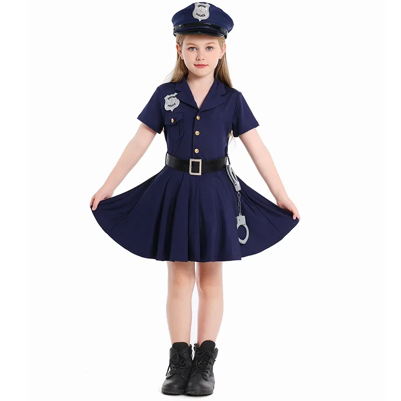 Cosplay Costume Children Police Role Play Dress Up Female Officer Belt Uniform Carnival Party Performance Halloween Toys Gifts