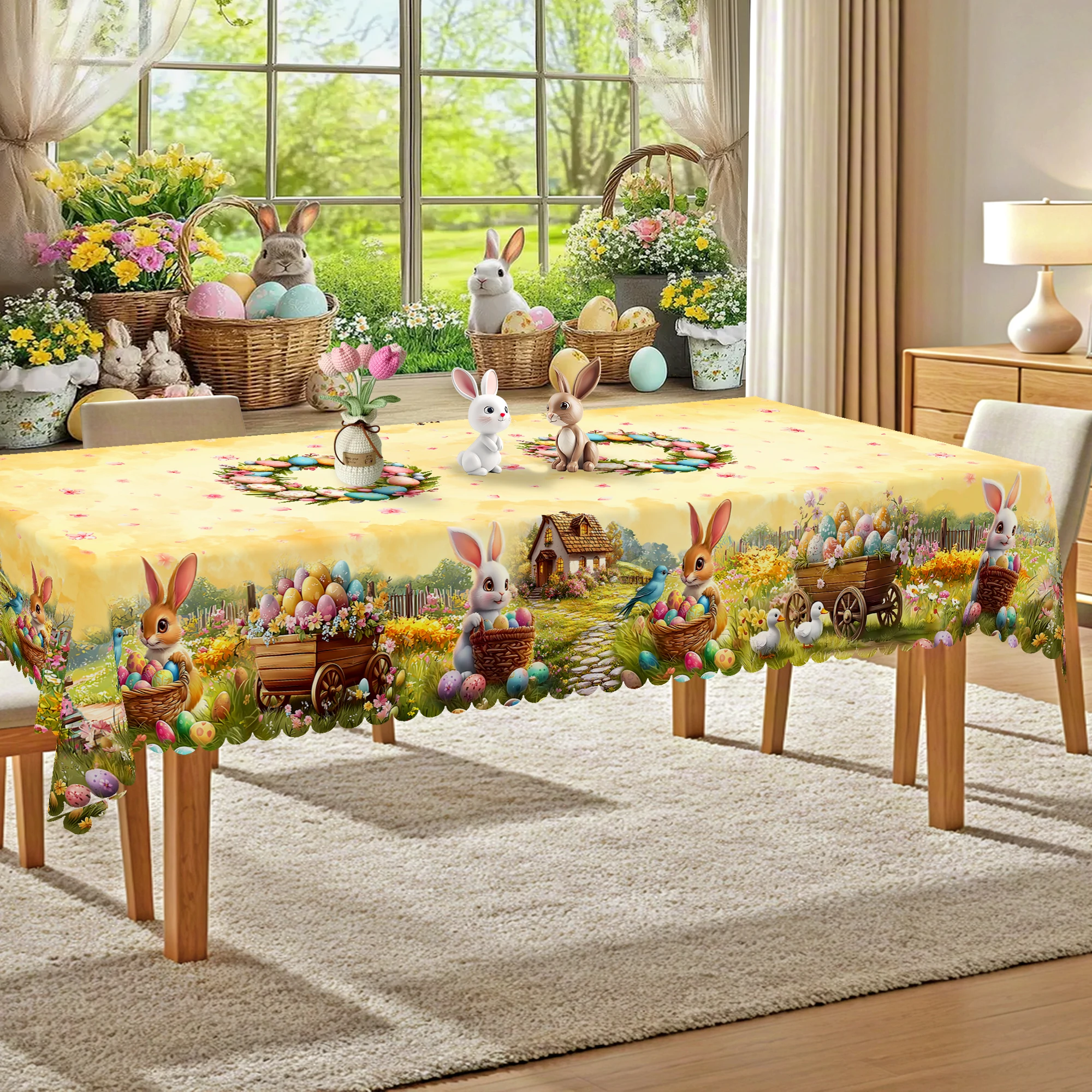1 Easter Round Tablecloth, 5 Sizes Available, Spring Cute Rabbit Easter Egg Grass Map Pattern Printed Tablecloth, Edge Embossing Process, Spring Garden Tablecloth Decoration, Tablecloth for Daily Home Kitchen, Terrace, Easter Decoration, Spring Decoration 4