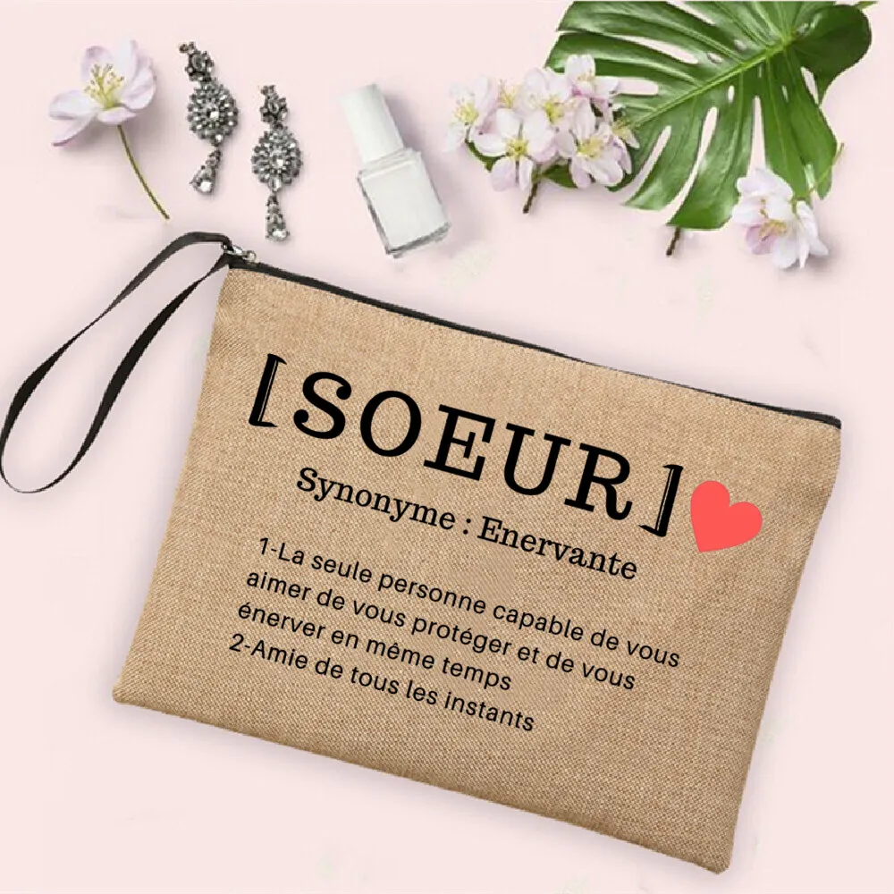 Women Cosmetic Bag Neceser Makeup Bags Maman Tata Soeur Amie Definition Print Linen Zipper Pouch Travel Toiletry Organizer Gifts 6