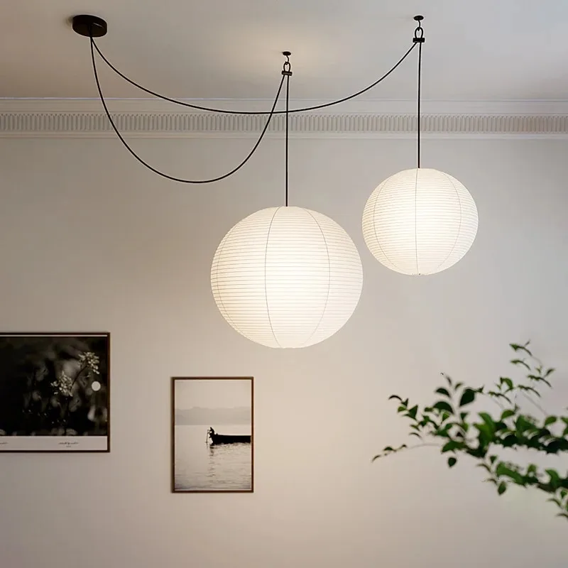 Nordic Wabi Sabi Wind Round Rice Paper Led Pendant Lights Living Dining Room Bedroom Loft Restaurant Bar Home Decor Chandelier 3