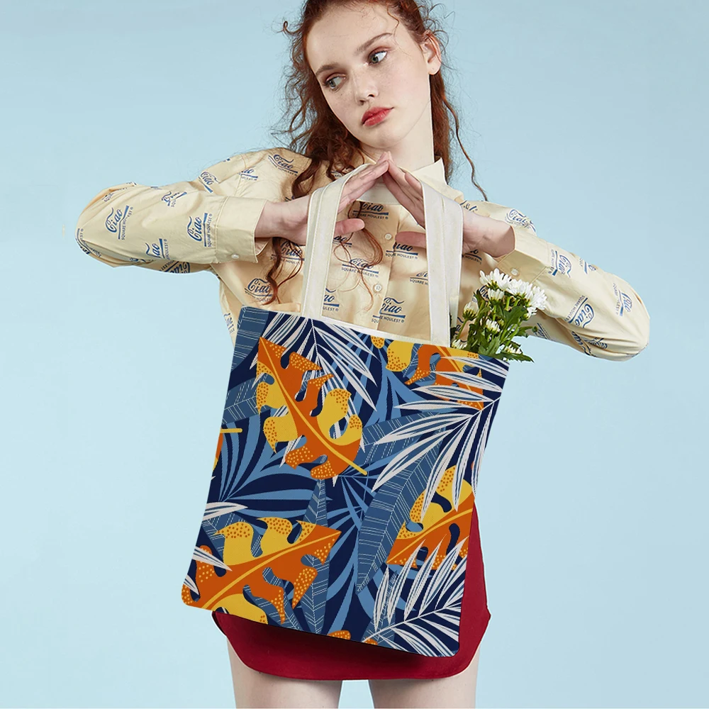 

Tropical Leaf Tote Shoulder Bag Women Reusable Folding Canvas Lady Handbag Both Sides Cartoon Plant Travel Small Shopping Bags