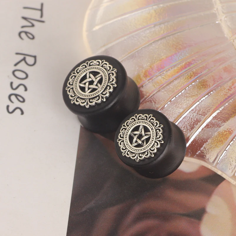 Black Natural Wood Mandala Flower Ear Plugs Tunnels Ear Expanders Earring Gauges Piercing Plug Ears Body Jewelry