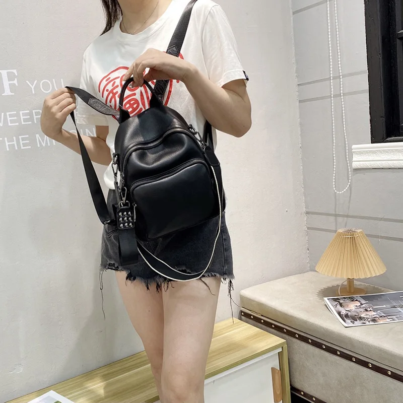 AODUX 100% Soft Genuine Cow Leather Calfskin Women Backpacks Top Layer Nature Cowhide Dual Function Backpack One-Shoulder Bags