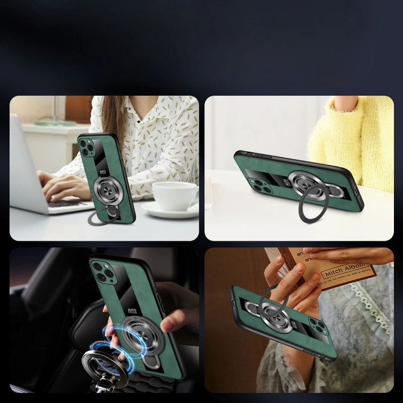 Magnetic Wireless Charging Ring Holder Leather Shockproof Case with Bracket