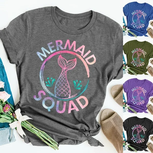 

Letter Shirts Colorful Mermaid Squad Print T Shirt Women Short Sleeve O Neck Loose Tshirt Summer Women Tee Camisetas Mujer Tops
