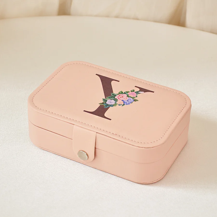 קופסאות תכשיטים מודפסות באלפבית שחור עם פרחים, קופסת תכשיטים אישית בצבע ורוד לבנות, מארגן תכשיטים לחתונה או למסיבת מתנה