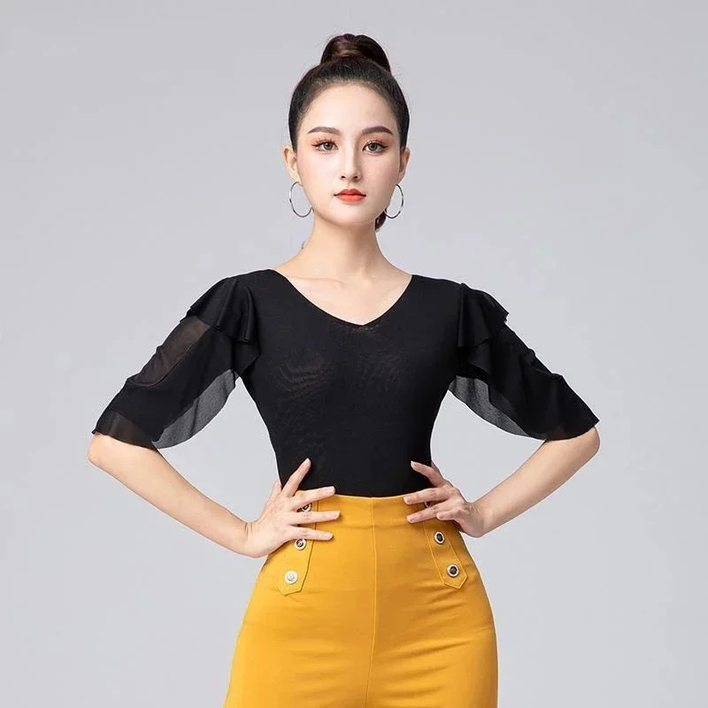 

Women Latin Dance Tops Fashion Sexy Mesh Shirt Practice Clothes New Ballroom Dancing Profession Performance Female Clothing