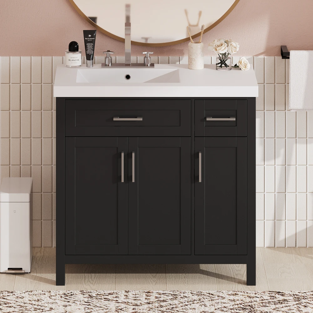 36" Black Bathroom Vanity Cabinet with Resin Integrated Sink - 2 Drawers, 3 Doors 2