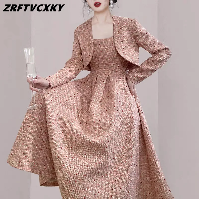

High Quality Women Tweed Dress 2 Piece Set Elegant Short Jacket Coat +Strap Tank Dress Sets Fall Winter Woolen Long Dess Suits