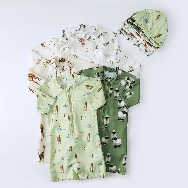 Kids Quick-Drying Swimsuit with Swim Caps Baby Boy Short Sleeve Sunscreen Print One-Piece Bathing Suit Beachwear UPF50+