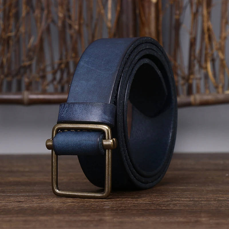 3.8CM No Hole Men's Belt Thick Genuine Leather Strap Copper Buckle Cowhide Casual Jeans Belt High Quality Retro Luxury Male Belt