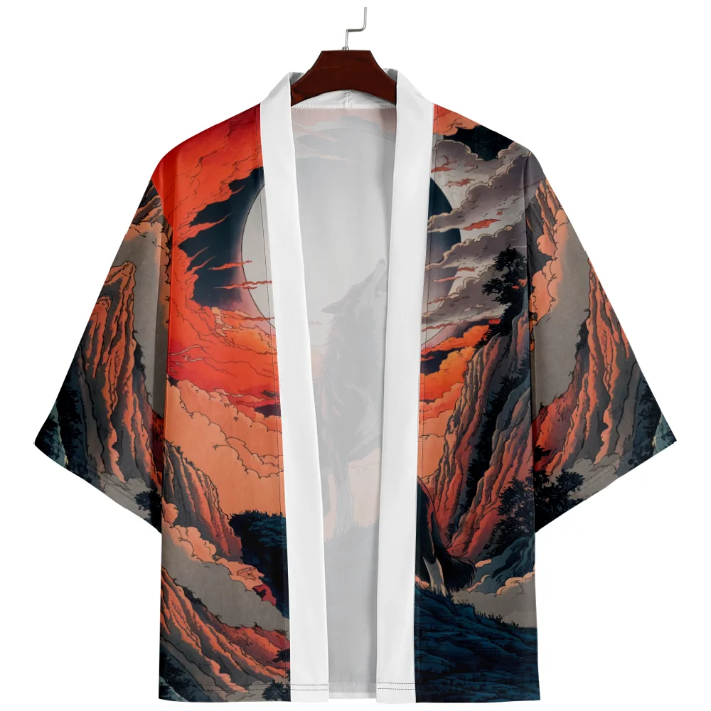 Oversized Wolf Print Fashion Japanese Cosplay Kimono Cardigan Men Shirts Yukata Haori Traditional Asian Clothing Plus Size