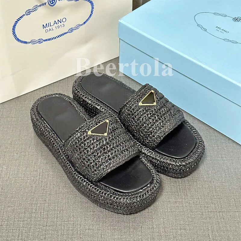 

Metal Triangle Rattan Grass Weave Slippers Woman Platform Square Open Toe Cane Soft Sole Outside Casual Beach Comfortable Shoes