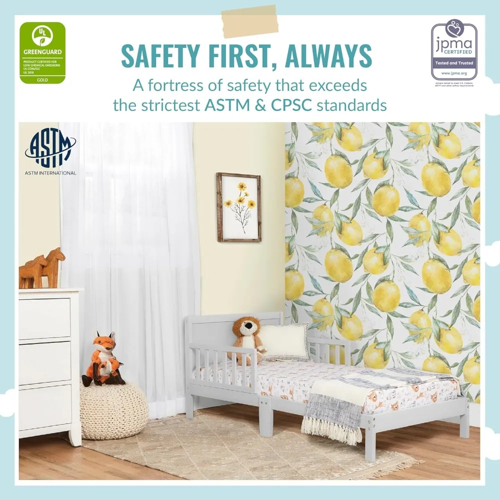 Toddler Bed In Pebble Grey, Low To Floor Design, Non-Toxic Finish, Safe Rails, Made of Pinewood 2