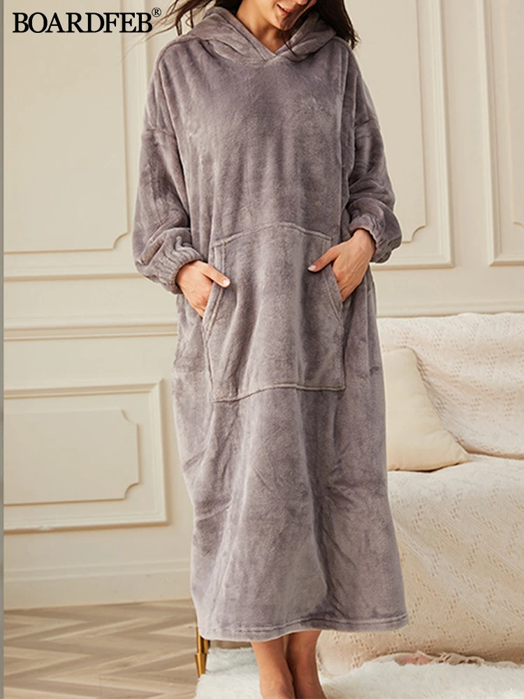 

Flannel Nightgown Woman Large Lengthen Thicken One-Piece Loose Casual Nightgown with Pocket Female Winter Warm Fleece Home Dress