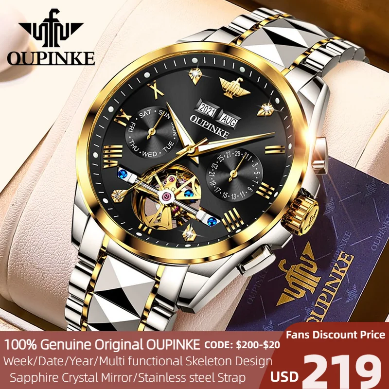 OUPINKE Watches for Men Automatic Skeleton Watch Mechanical Wrist Watches Business Luxury Stainess Steel Waterproof Luminous