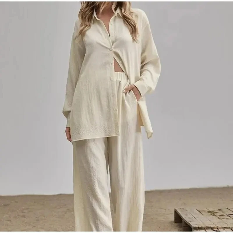 520417009Long sleeved temperament, commuting skin color, linen, solid color, slit long shirt and wide leg pants set