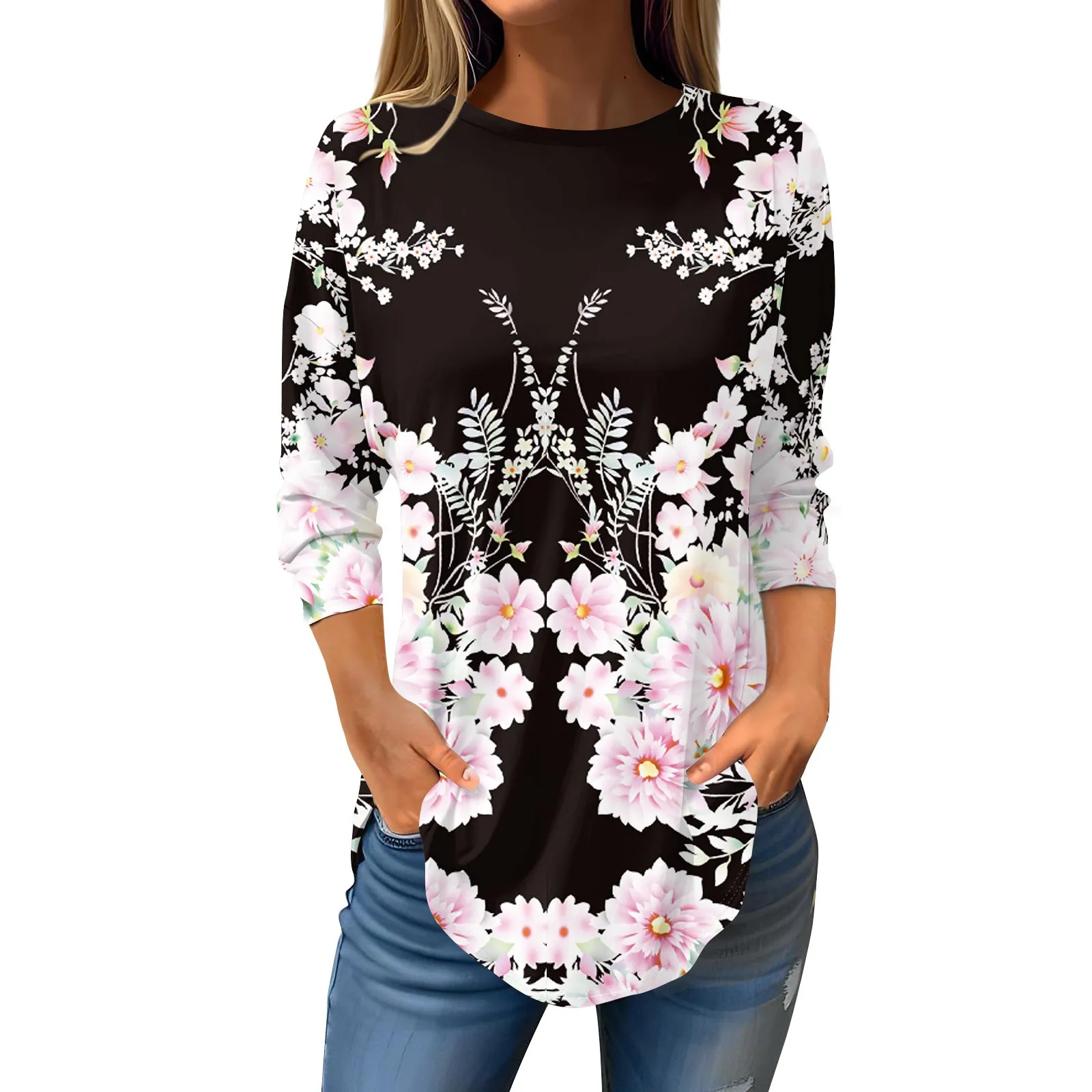 

Womens Shirts 3/4 Sleeve Shirts Solid Color Pullover Summer Springops Blouses Youthful Woman Clothes Female Clothing Top Women