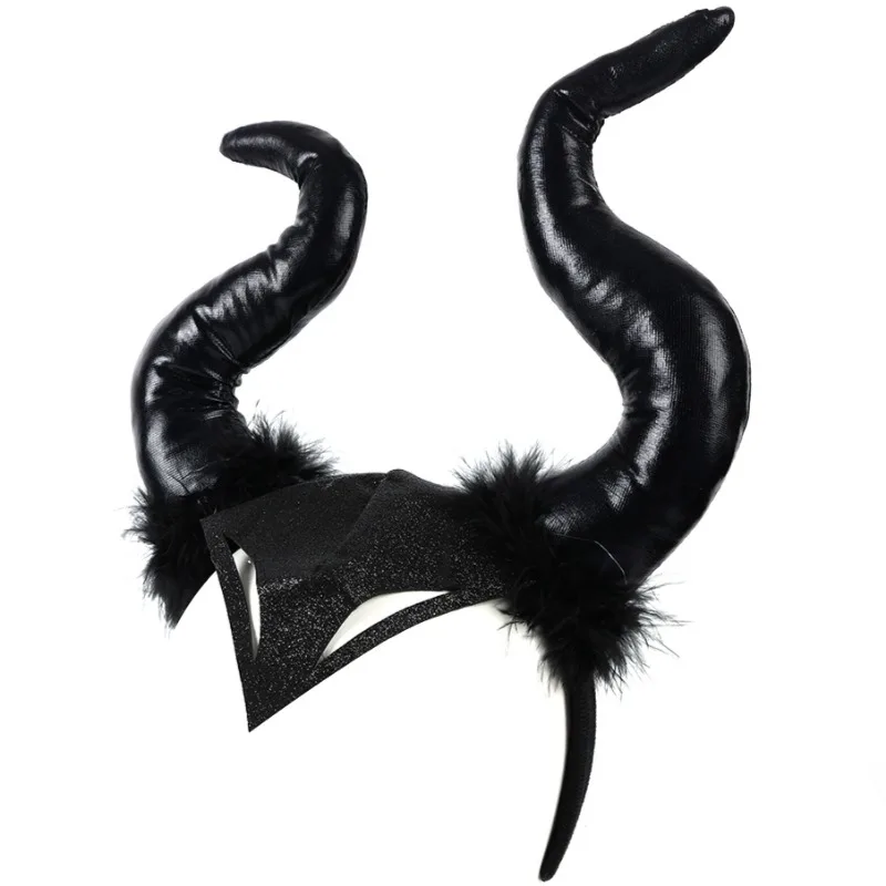 Halloween Witch Ox Horn Headband Light Devil Big Bull Horn Hair Hoop Evil Queen Plush Decorative Hair Band Dark Demon Headwear