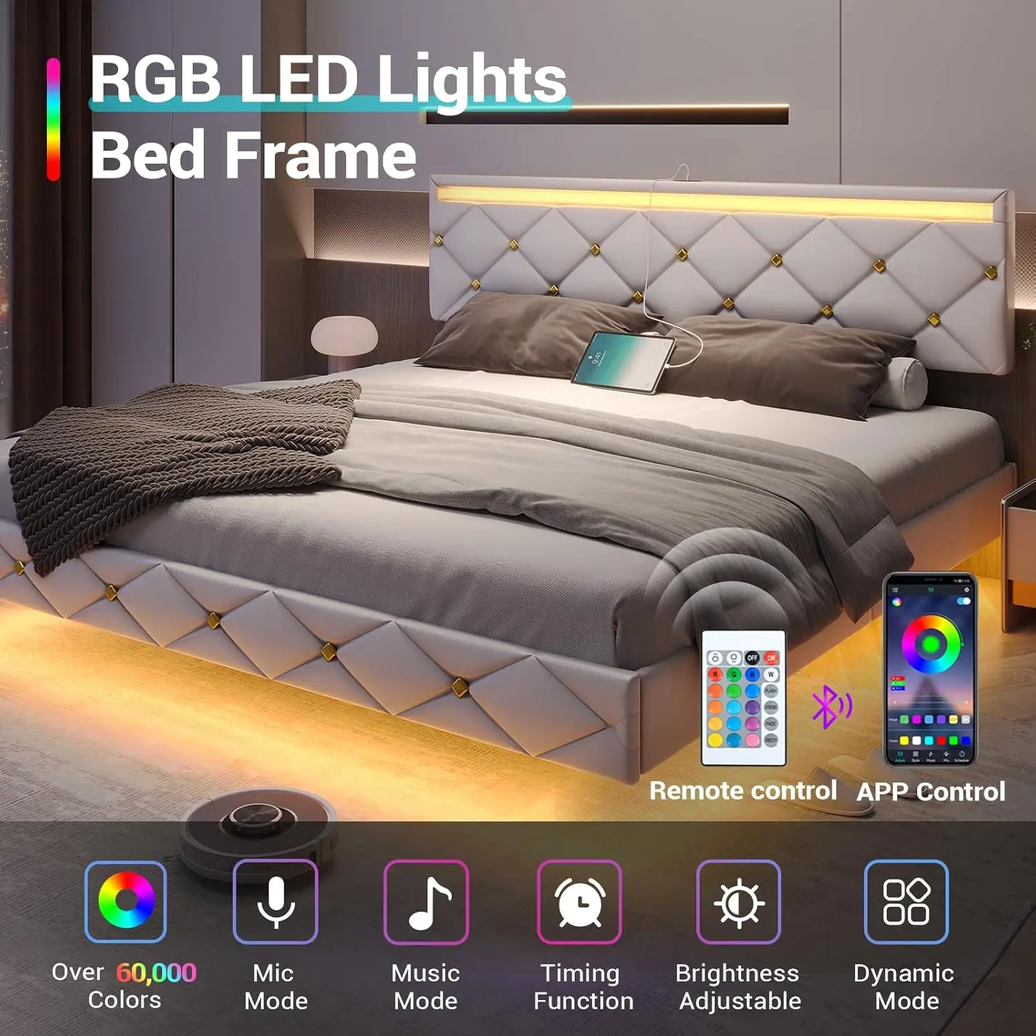 Floating King Bed Frame with LED Lights and USB Ports Modern Upholstered Platform LED Bed Frame King Size,White 4