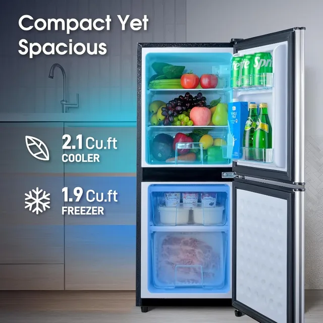 4.0 Cu.Ft Fridge with Bottom Freezer, Double Door Refrigerator with Drawer, 7 Level Temperatures, Adjustable Shelves for Bedroom 2