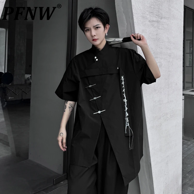 

PFNW 2024 New Men's Shirt Summer Chinese Style Trendy Tassel Embroidery Niche Design Short Sleeve Single Breasted Clothing W3278