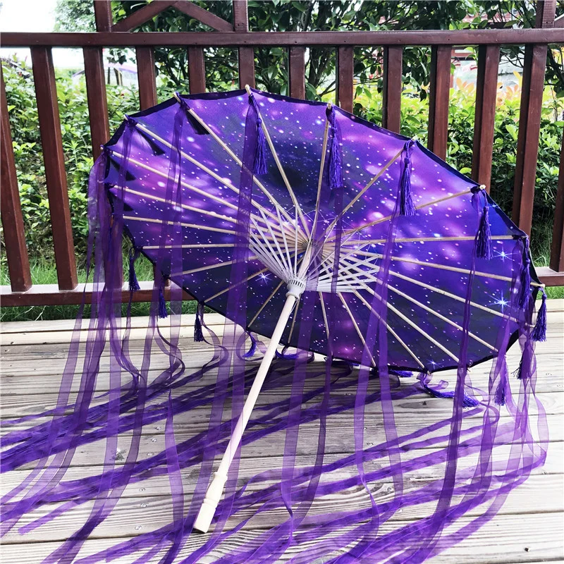 Purple Hanfu Oiled Paper Umbrella with Antique Tassels and Ribbons