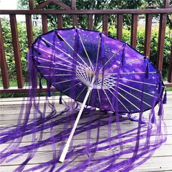 Purple Hanfu Oiled Paper Umbrella with Antique Tassels and Ribbons (Purple Ribbon05)