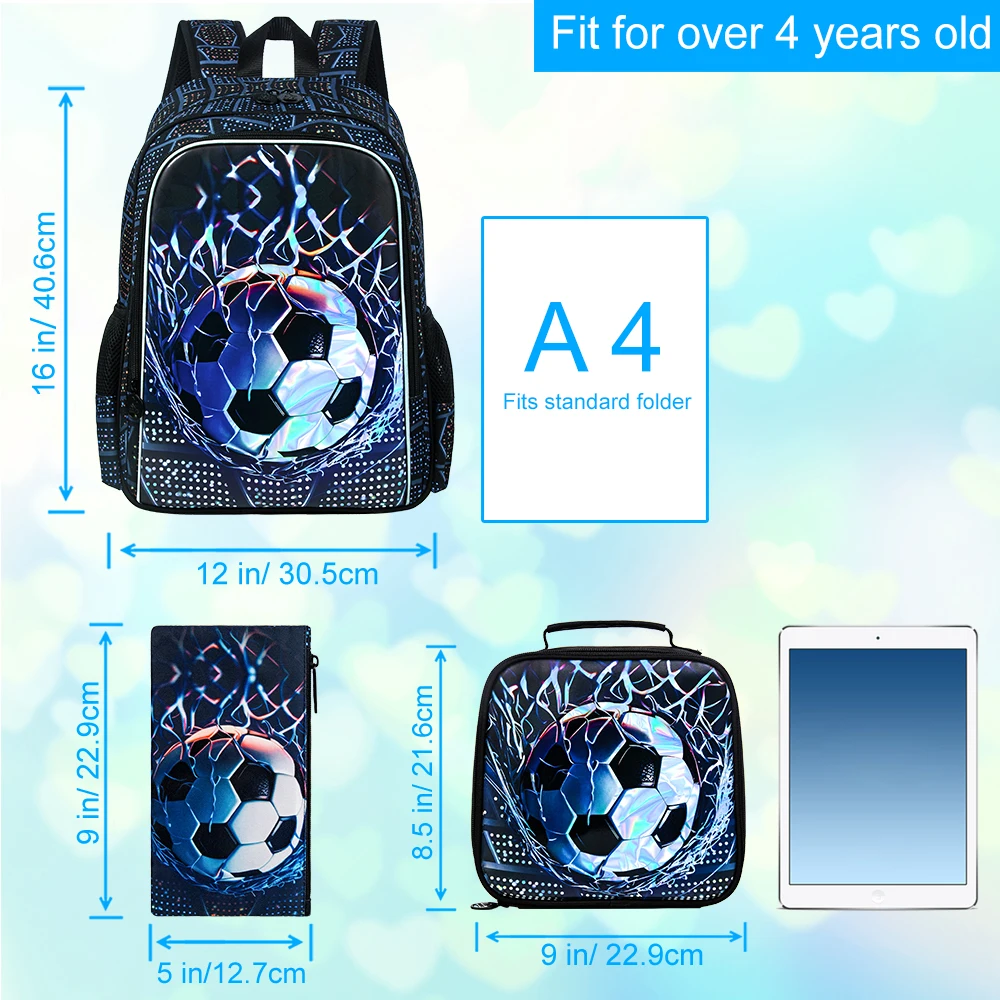 3Pcs Soccer Backpack for Boys, 16" Kids School Bookbag with Lunch Box, Football Backpacks Set for Elementary Preschool Kindergar 4