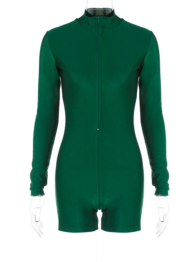 Hugcitar Solid Turtleneck Long Sleeve Zip Up Sexy Slim Skinny One Piece Playsuit 2024 Fall Women Fashion Streetwear Party Romper 6