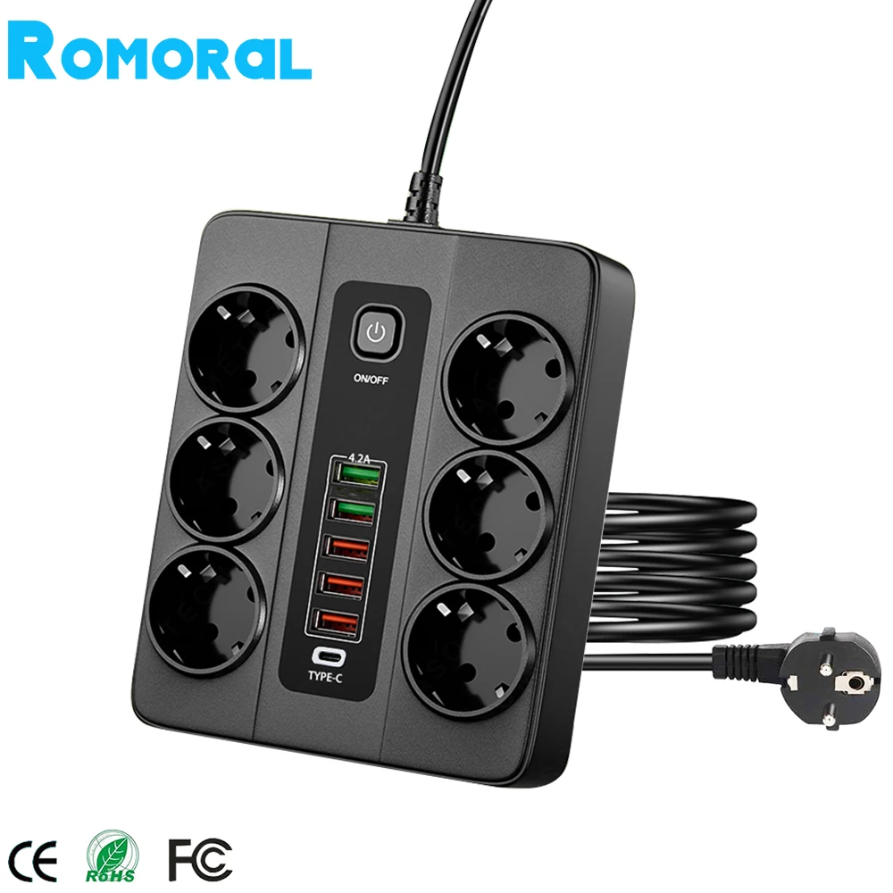 3000W 유럽 전원 스트립 6 AC 콘센트 EU 플러그 소켓, 컴퓨터 TV 아이폰 13 12 용 USB 유형 C 충전 포트 연장 케이블