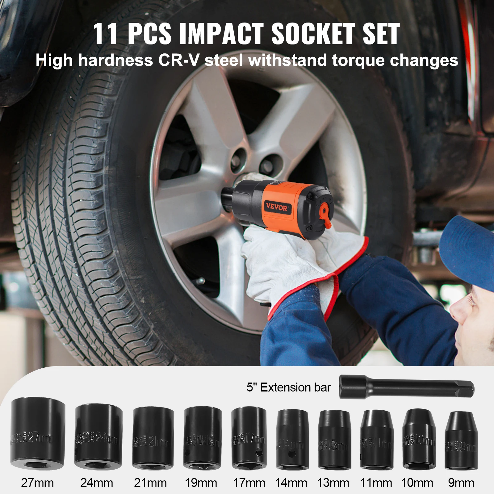 SucceBuy Lightweight 4.6 lb Design Pneumatic Impact Gun with 11-PCS 1/2-Inch Drive CR-V Steel Impact Socket Set & Carrying Case