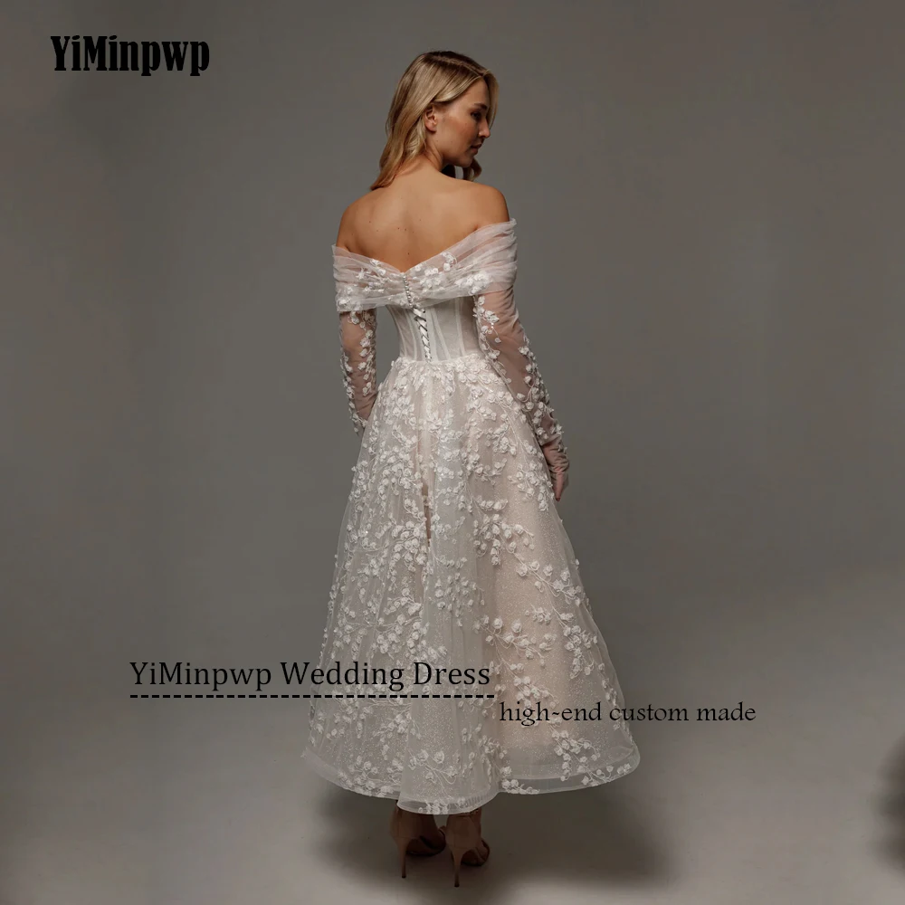 2026 Champagne Wedding Dresses Off Shoulder Long Sleeves A Line Lace Sequined Beads Flowers Bridal Party Gowns Customized