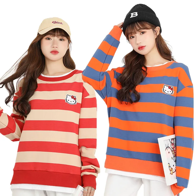 

Cartoon Anime Print Hellokittys Fake Two Piece Striped Sweatshirt Thin Round Neck Pullover Loose Top Long Sleeve Casual Sports