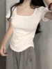 Summer New Sle Women's Slim Fit ort Sve T-irt Square Collar Unusual Korean Version White Color Commute Sle INS