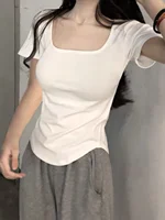 Summer New Sle Women's Slim Fit ort Sve T-irt Square Collar Unusual Korean Version White Color Commute Sle INS