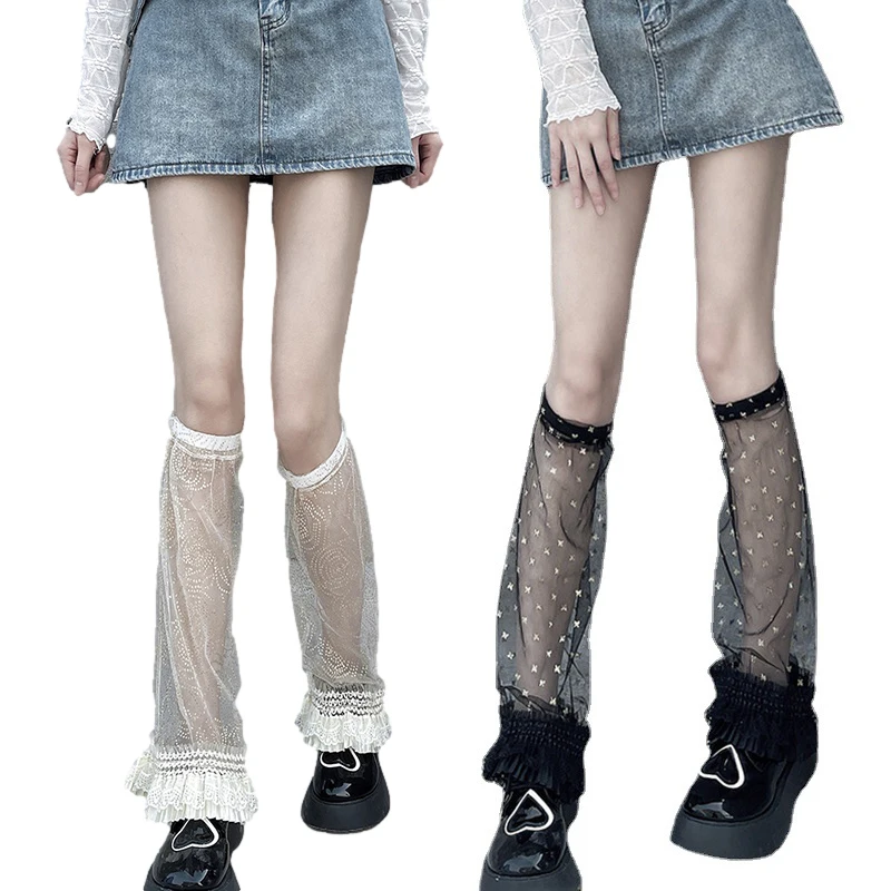

Goth Bronzing Thin Leg Warmers Fashion Design Ruffle Hem Calf Socks Boot Cover Sexy Black Transparent Knee Socks Foot Covers