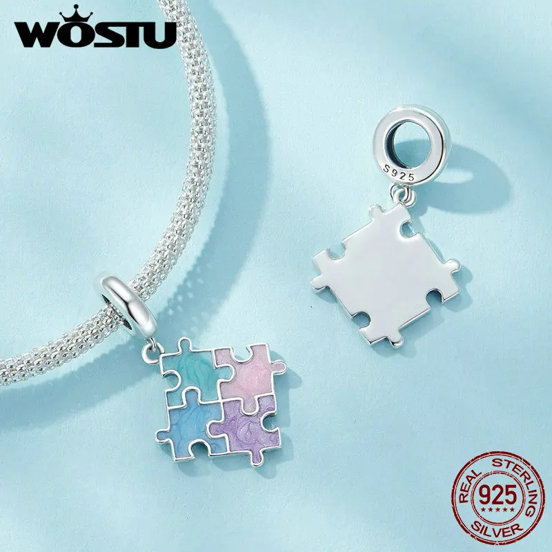 Autism Awareness Puzzle Heart Charm Bead - 925 Sterling Silver, Fits Pandora & European Bracelets