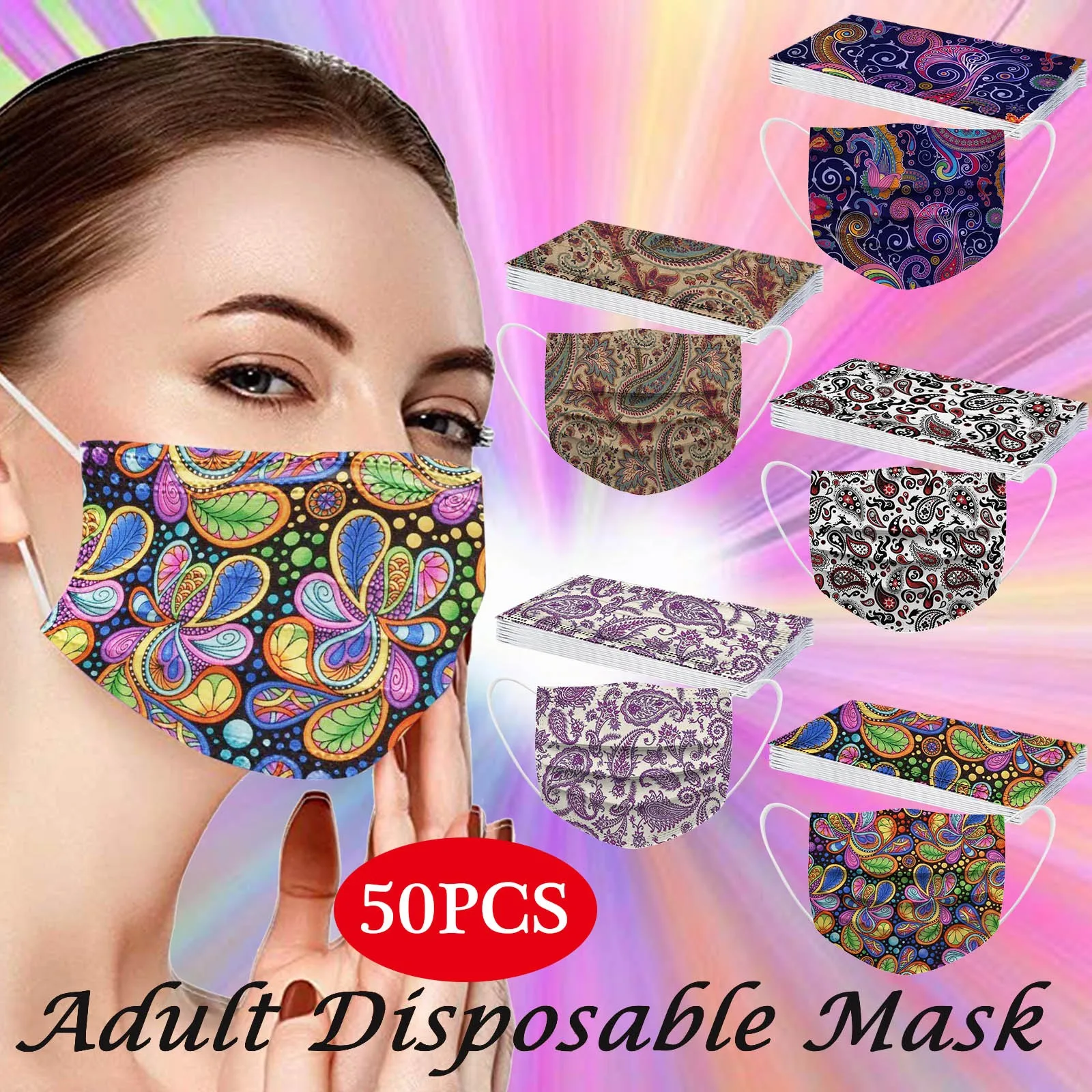 50PCS Adult's Mask Paisley Print Disposable Face Mask Industrial 3Ply Ear Loop