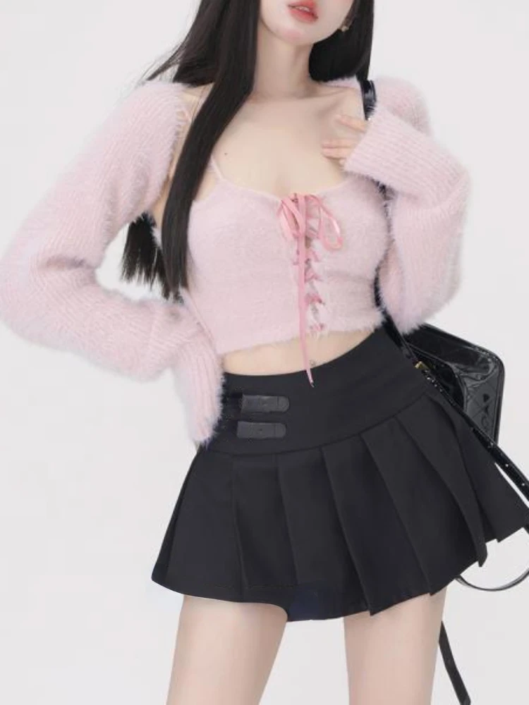 

Женский Повседневный облегающий комплект из 2 предметов, ТРИКОТАЖНЫЙ УКОРОЧЕННЫЙ свитер и мини-юбка в Корейском стиле Y2k, осень 2023