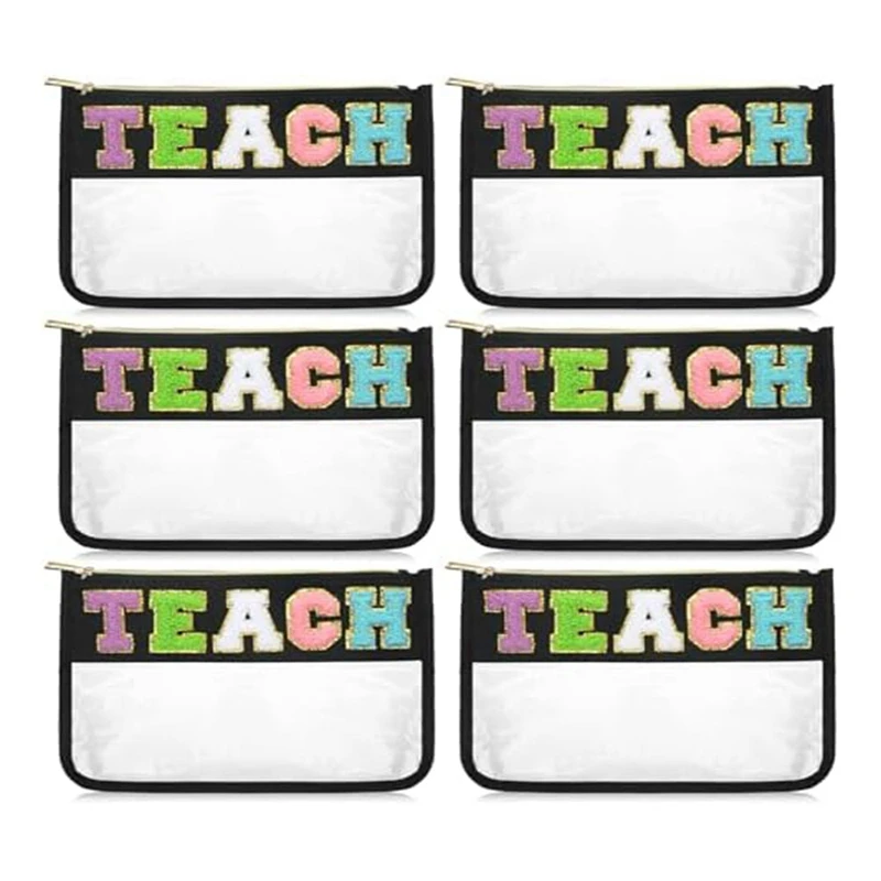 

6 Pcs Teacher Bags Bulk Teacher Appreciation Gifts Preppy Patch Makeup Bag Flat Clear Pouch Teacher Must Haves