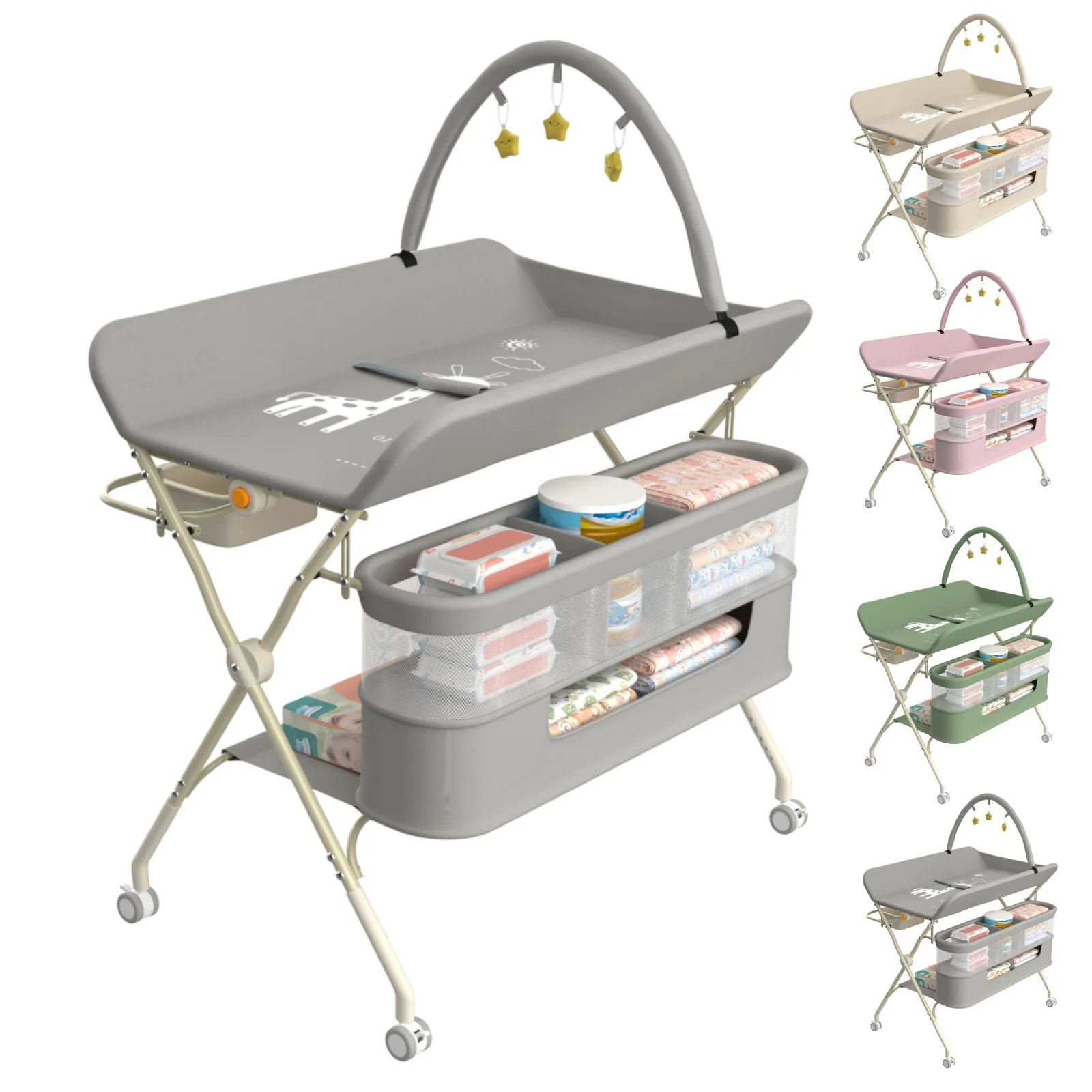 4 in 1 Folding Changing Table, Mobile Changing Unit, Height-adjustable Changing Station With Toy Arch & Storage Basket