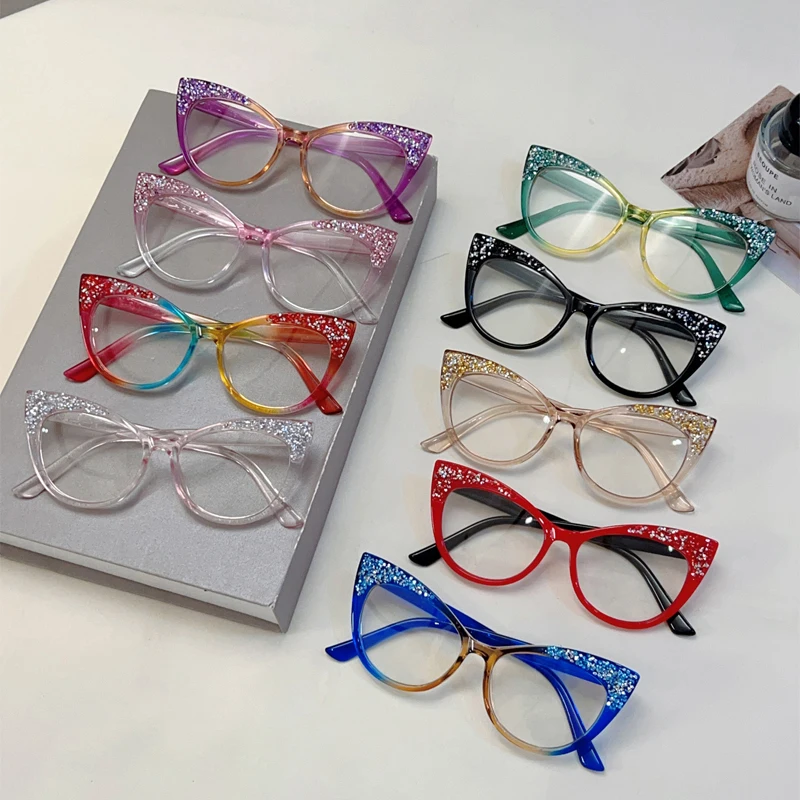 Women Fashion Eyeglasses Cat Eye Multi Color Frame Crystal Shiny Non-prescription
