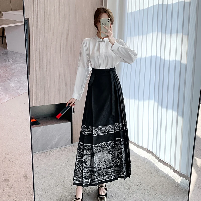 

Юбка с изображением лошади Hanfu, оригинальная Женская традиционная ретро-юбка китайской династии Мин, повседневная юбка с изображением лошади и атласная блузка